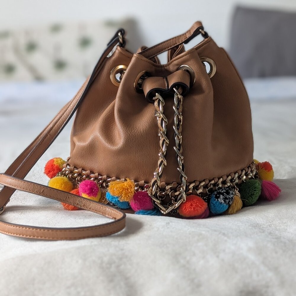 Brown Pom-Pom Chain Drawstring Bucket Bag
